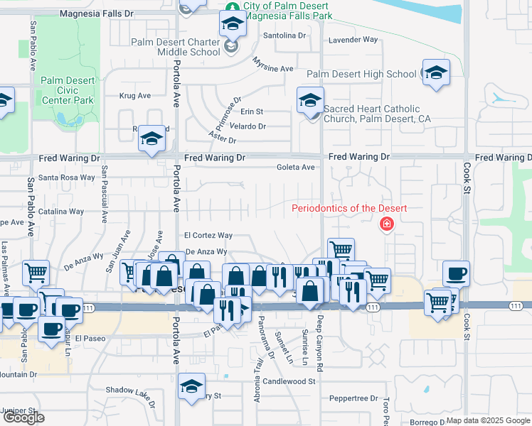 map of restaurants, bars, coffee shops, grocery stores, and more near 44425 Grand Canyon Lane in Palm Desert
