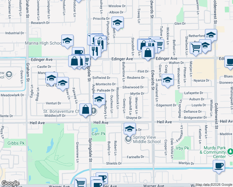 map of restaurants, bars, coffee shops, grocery stores, and more near 16261 Woodstock Lane in Huntington Beach