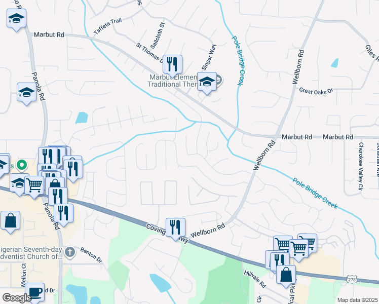 map of restaurants, bars, coffee shops, grocery stores, and more near 5712 Cedar Croft Lane in Lithonia