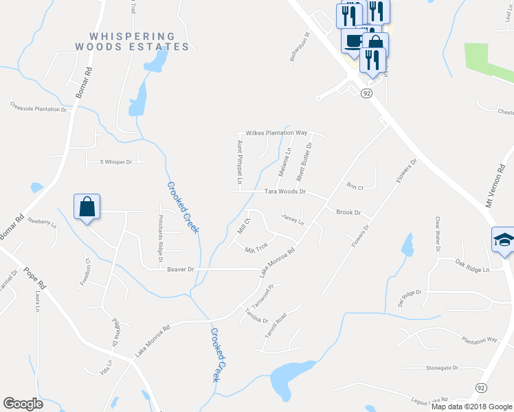 map of restaurants, bars, coffee shops, grocery stores, and more near 3060 Pritchards Mill Trail in Douglasville