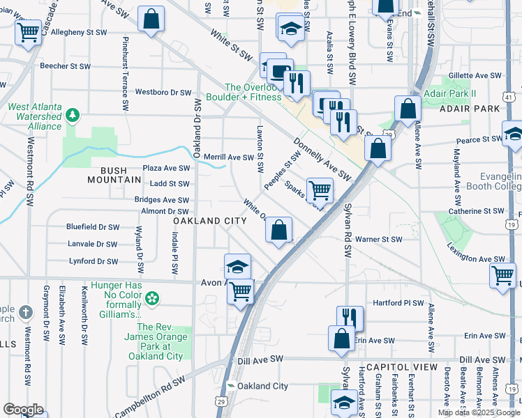 map of restaurants, bars, coffee shops, grocery stores, and more near 1089 White Oak Avenue Southwest in Atlanta