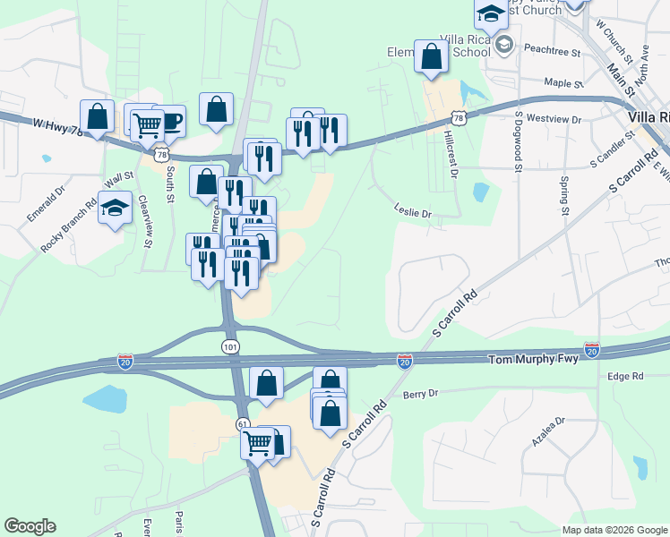 map of restaurants, bars, coffee shops, grocery stores, and more near 107 Lawrence Drive in Villa Rica
