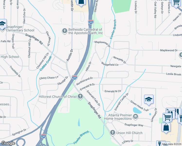 map of restaurants, bars, coffee shops, grocery stores, and more near 3869 Bressler Circle in Decatur