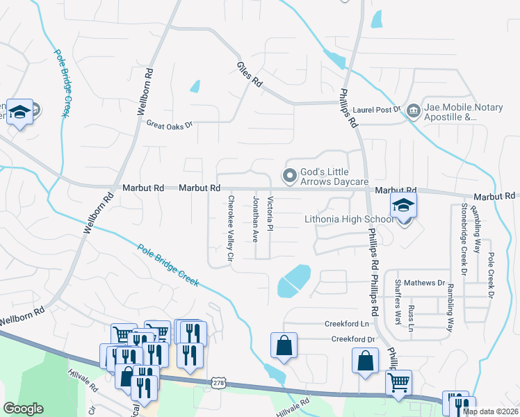 map of restaurants, bars, coffee shops, grocery stores, and more near 2145 Jonathan Avenue in Lithonia