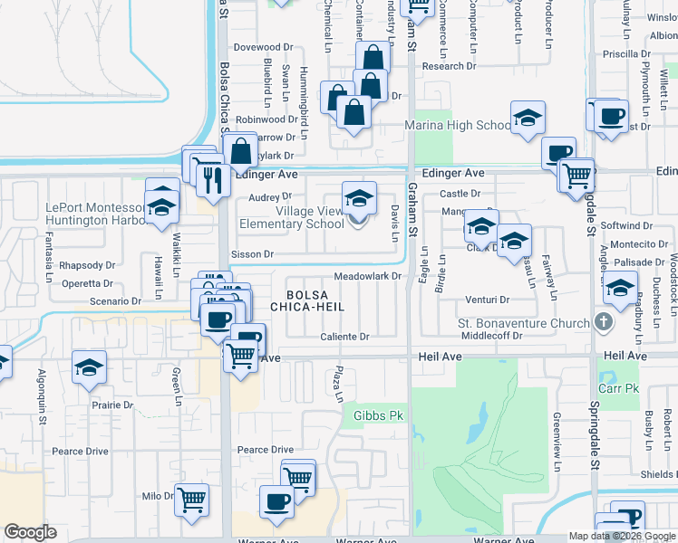 map of restaurants, bars, coffee shops, grocery stores, and more near 5281 Meadowlark Drive in Huntington Beach