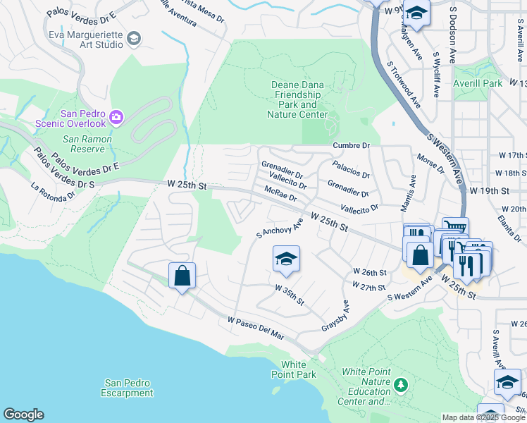 map of restaurants, bars, coffee shops, grocery stores, and more near 2161 West 25th Street in Los Angeles