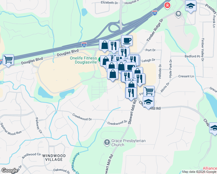 map of restaurants, bars, coffee shops, grocery stores, and more near 4418 Ryan Street in Douglasville