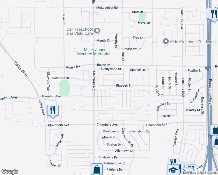 map of restaurants, bars, coffee shops, grocery stores, and more near 26125 Bluebell Street in Menifee
