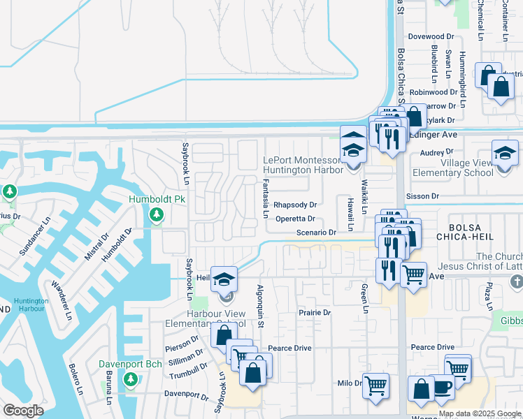 map of restaurants, bars, coffee shops, grocery stores, and more near 16241 Fantasia Lane in Huntington Beach