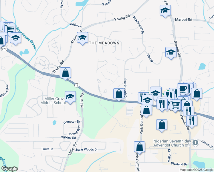 map of restaurants, bars, coffee shops, grocery stores, and more near 5160 Scarbrough Lane in Stone Mountain