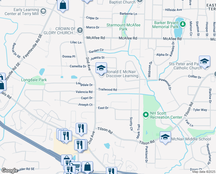 map of restaurants, bars, coffee shops, grocery stores, and more near 2056 Trailwood Road in Decatur