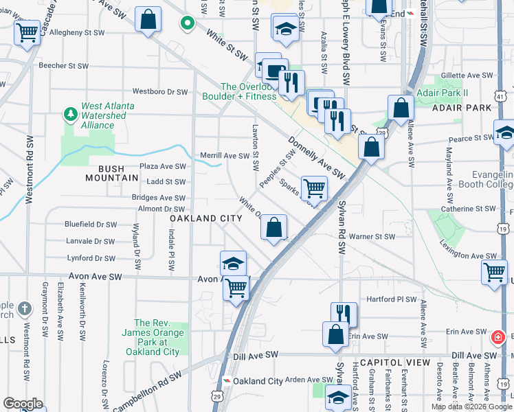 map of restaurants, bars, coffee shops, grocery stores, and more near 1085 White Oak Avenue Southwest in Atlanta