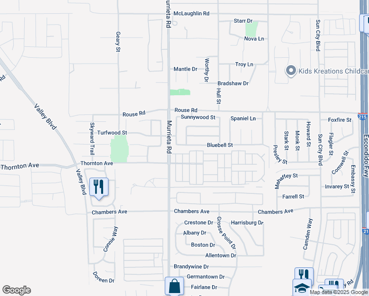 map of restaurants, bars, coffee shops, grocery stores, and more near 26063 Bluebell Street in Menifee