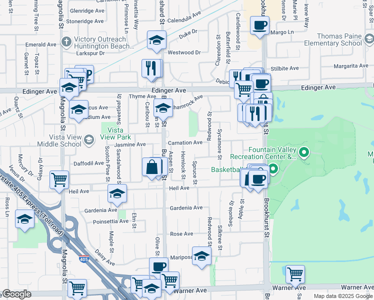 map of restaurants, bars, coffee shops, grocery stores, and more near 16314 Hemlock Street in Fountain Valley