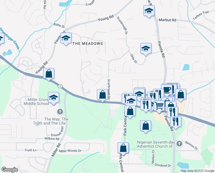 map of restaurants, bars, coffee shops, grocery stores, and more near 2239 Scarbrough Drive in Stone Mountain