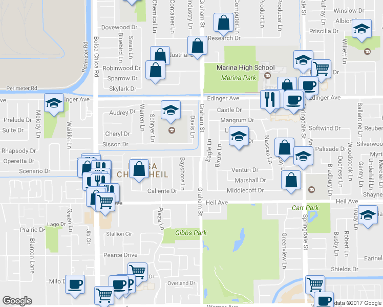 map of restaurants, bars, coffee shops, grocery stores, and more near 5421 Meadowlark Drive in Huntington Beach