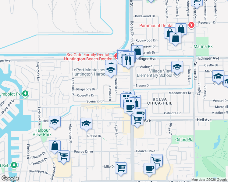 map of restaurants, bars, coffee shops, grocery stores, and more near 16251 Waikiki Lane in Huntington Beach