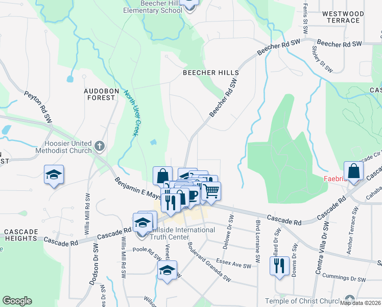 map of restaurants, bars, coffee shops, grocery stores, and more near 2326 Beecher Road Southwest in Atlanta