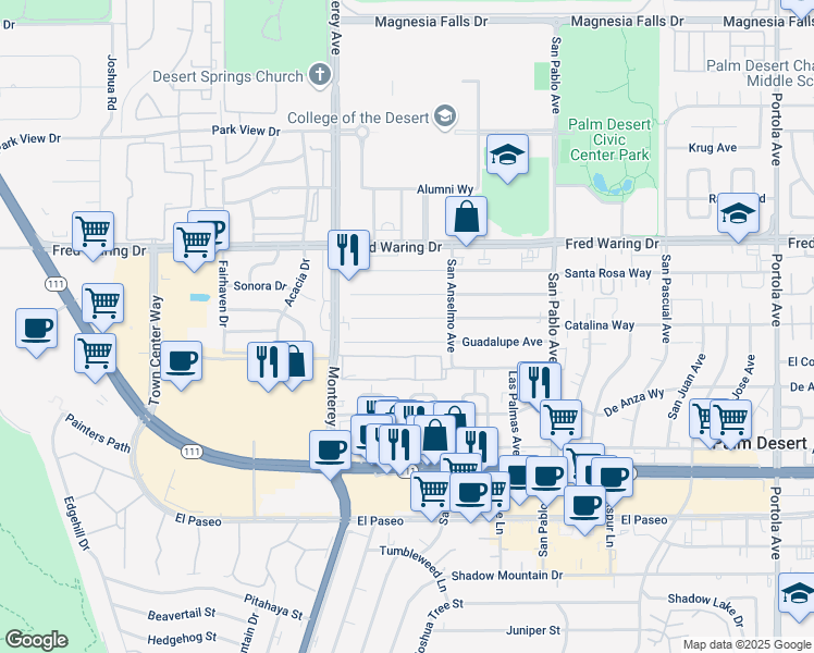 map of restaurants, bars, coffee shops, grocery stores, and more near 73155 Catalina Way in Palm Desert