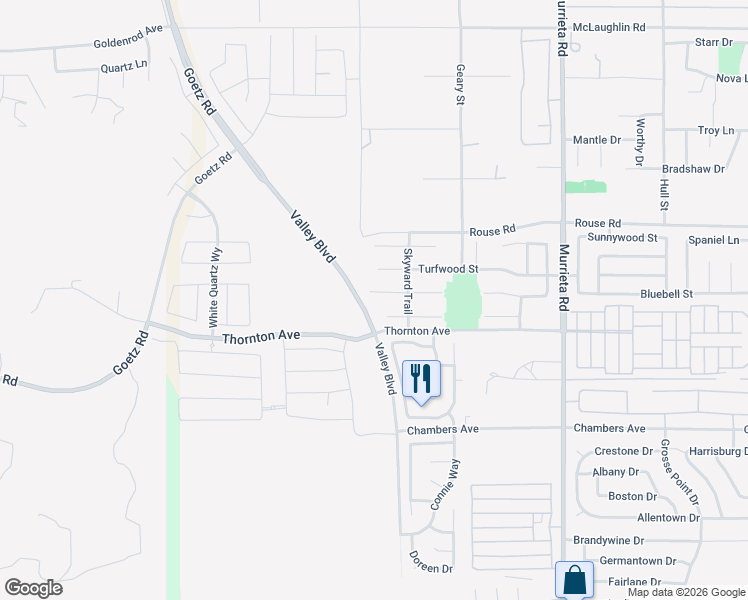 map of restaurants, bars, coffee shops, grocery stores, and more near 25547 Cedar River Court in Menifee