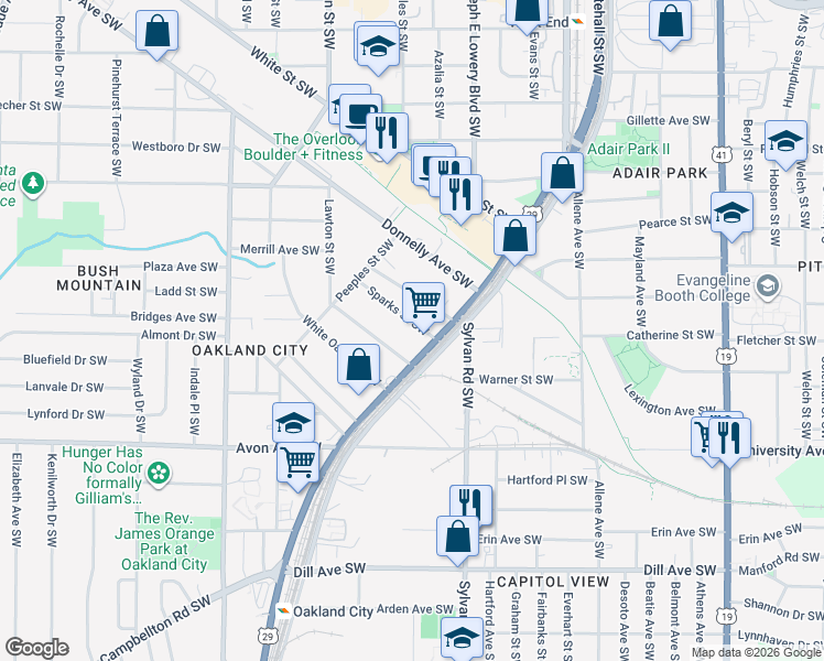 map of restaurants, bars, coffee shops, grocery stores, and more near 978 Sparks Street Southwest in Atlanta