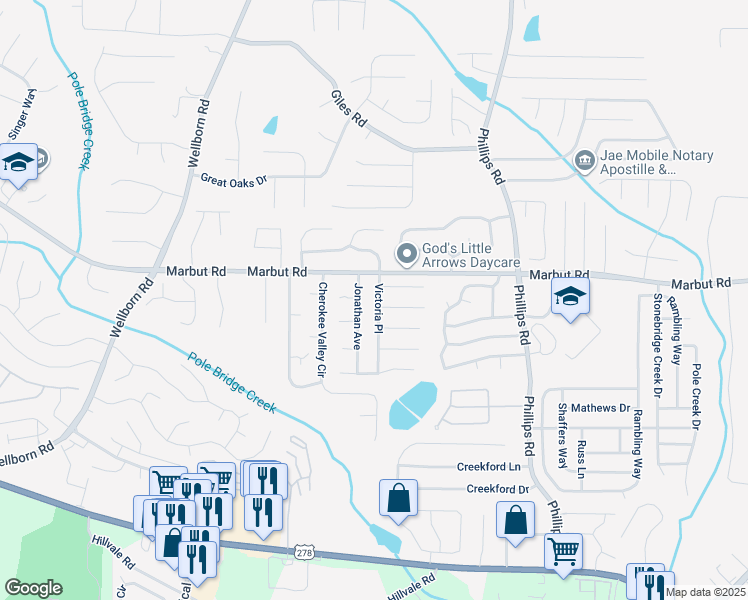 map of restaurants, bars, coffee shops, grocery stores, and more near 2139 Victoria Place in Lithonia