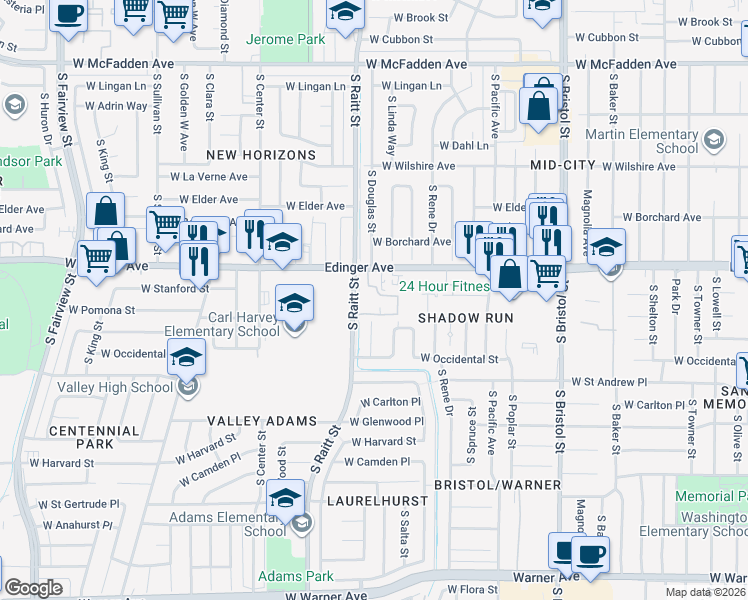 map of restaurants, bars, coffee shops, grocery stores, and more near 1509 South Raitt Street in Santa Ana