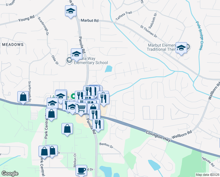 map of restaurants, bars, coffee shops, grocery stores, and more near 2479 Briar Knoll Road in Lithonia