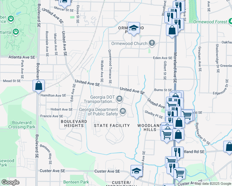 map of restaurants, bars, coffee shops, grocery stores, and more near 1050 Villa Court Southeast in Atlanta