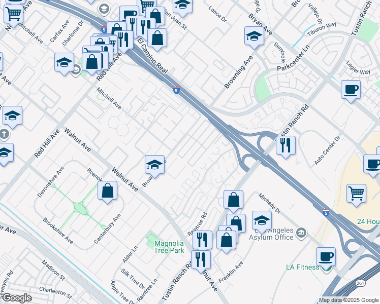 map of restaurants, bars, coffee shops, grocery stores, and more near 40 Madrid Street in Tustin