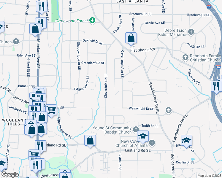map of restaurants, bars, coffee shops, grocery stores, and more near 2205 Stockbridge Drive Southeast in Atlanta