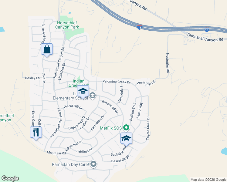 map of restaurants, bars, coffee shops, grocery stores, and more near 27103 Adelanto Drive in Corona
