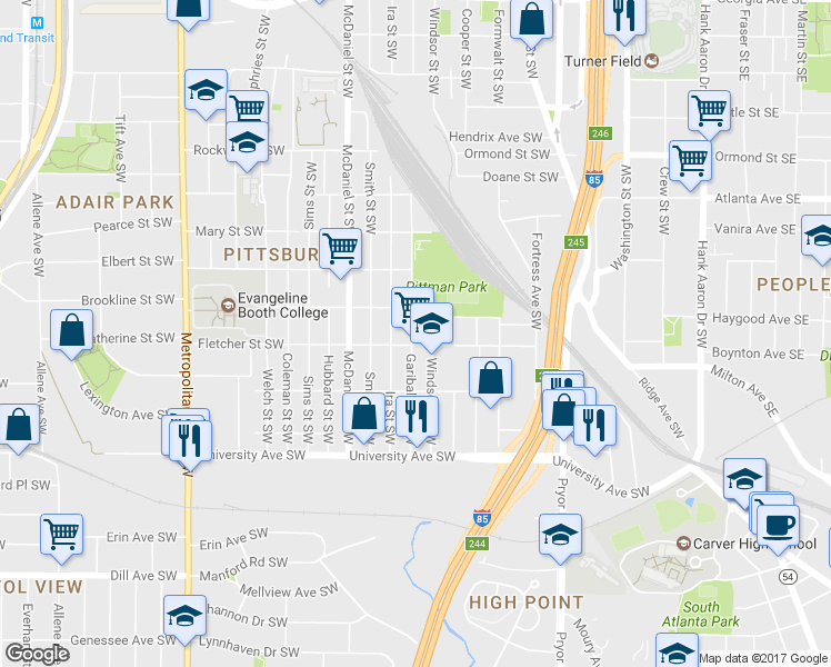 map of restaurants, bars, coffee shops, grocery stores, and more near 1054 Garibaldi Street Southwest in Atlanta