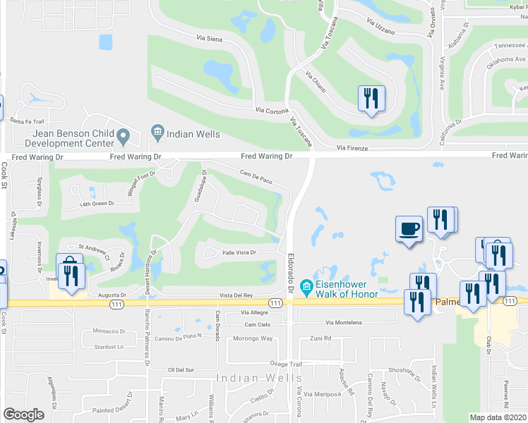 map of restaurants, bars, coffee shops, grocery stores, and more near 44822 Oro Grande Circle in Indian Wells