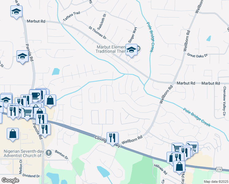 map of restaurants, bars, coffee shops, grocery stores, and more near 5606 Wellborn Creek Drive in Lithonia