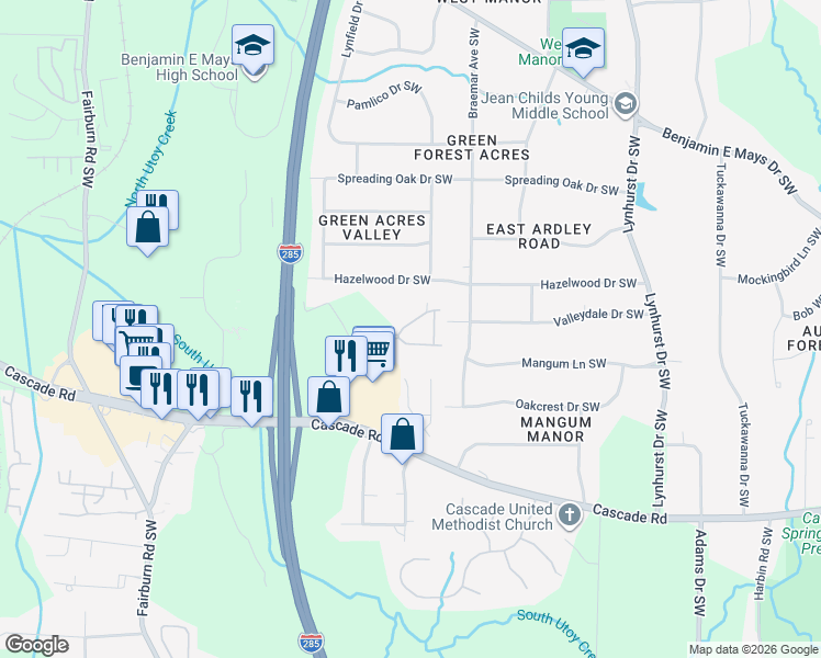 map of restaurants, bars, coffee shops, grocery stores, and more near 3362 Regent Place Southwest in Atlanta