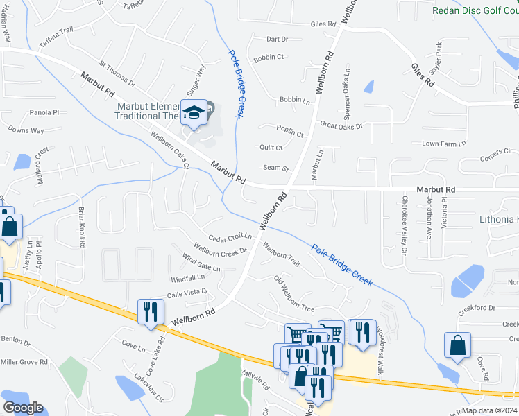 map of restaurants, bars, coffee shops, grocery stores, and more near 2247 Clayton Ridge in Lithonia