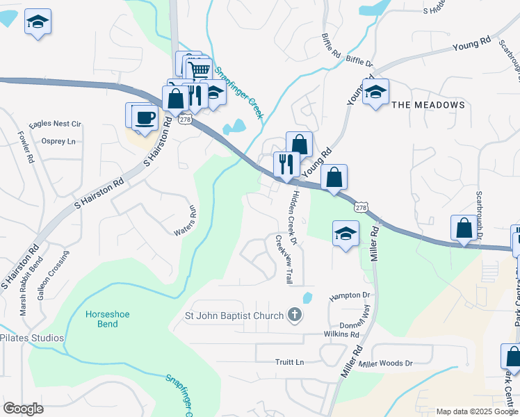 map of restaurants, bars, coffee shops, grocery stores, and more near 2134 Creekview Trail in Decatur