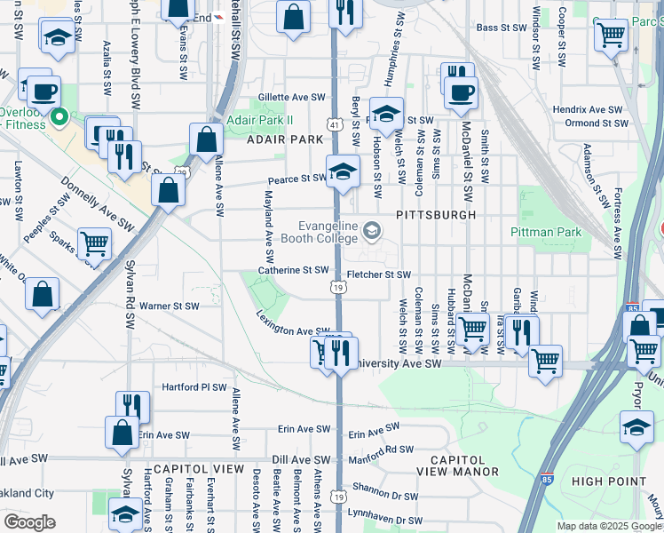 map of restaurants, bars, coffee shops, grocery stores, and more near 1057 Metropolitan Parkway Southwest in Atlanta