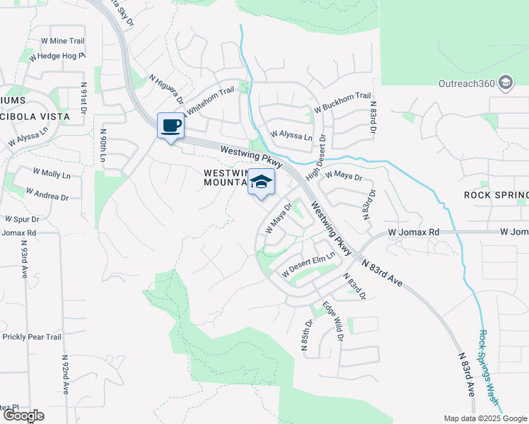 map of restaurants, bars, coffee shops, grocery stores, and more near 100 High Desert Drive in Peoria