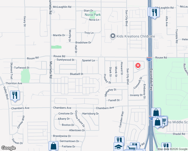 map of restaurants, bars, coffee shops, grocery stores, and more near 26435 Bluebell Street in Menifee