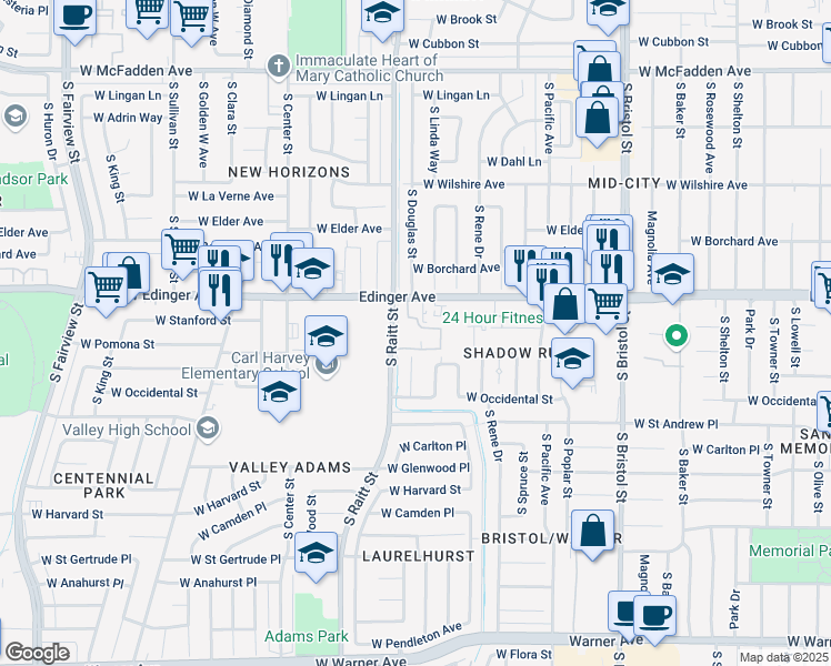 map of restaurants, bars, coffee shops, grocery stores, and more near 1507 South Raitt Street in Santa Ana
