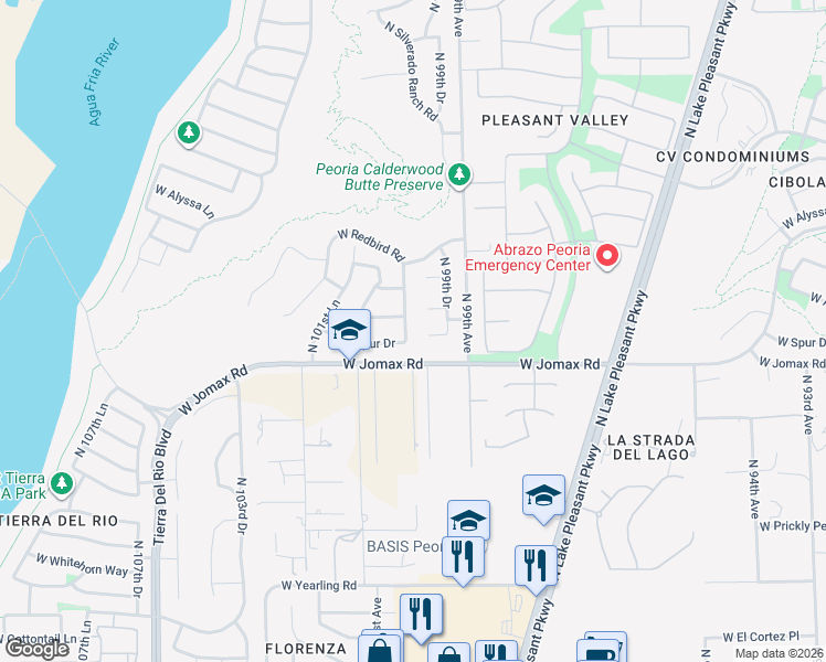 map of restaurants, bars, coffee shops, grocery stores, and more near 26723 North 100th Avenue in Peoria