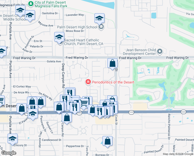 map of restaurants, bars, coffee shops, grocery stores, and more near 74935 Live Oak Street in Indian Wells