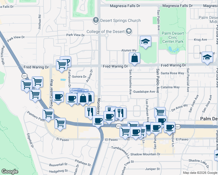 map of restaurants, bars, coffee shops, grocery stores, and more near 73095 Catalina Way in Palm Desert