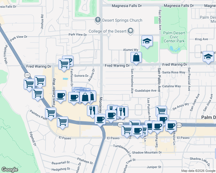 map of restaurants, bars, coffee shops, grocery stores, and more near 73095 Catalina Way in Palm Desert