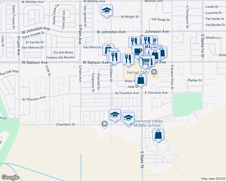 map of restaurants, bars, coffee shops, grocery stores, and more near 524 West Thornton Avenue in Hemet