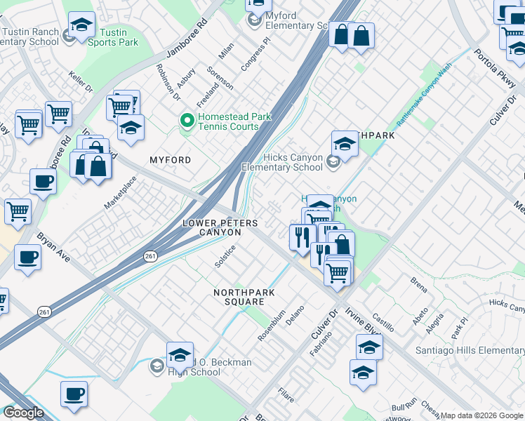 map of restaurants, bars, coffee shops, grocery stores, and more near 209 Estancia in Irvine