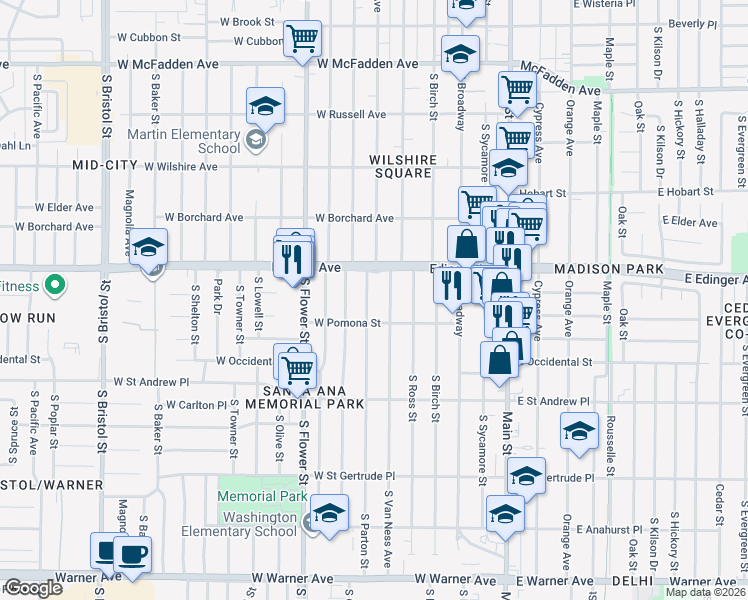 map of restaurants, bars, coffee shops, grocery stores, and more near 1526 South Van Ness Avenue in Santa Ana