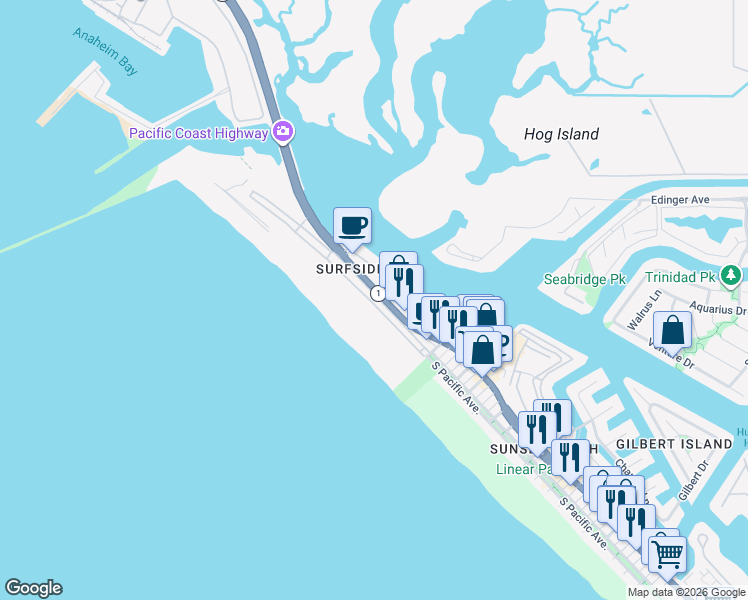 map of restaurants, bars, coffee shops, grocery stores, and more near 44A Surfside Avenue in Huntington Beach